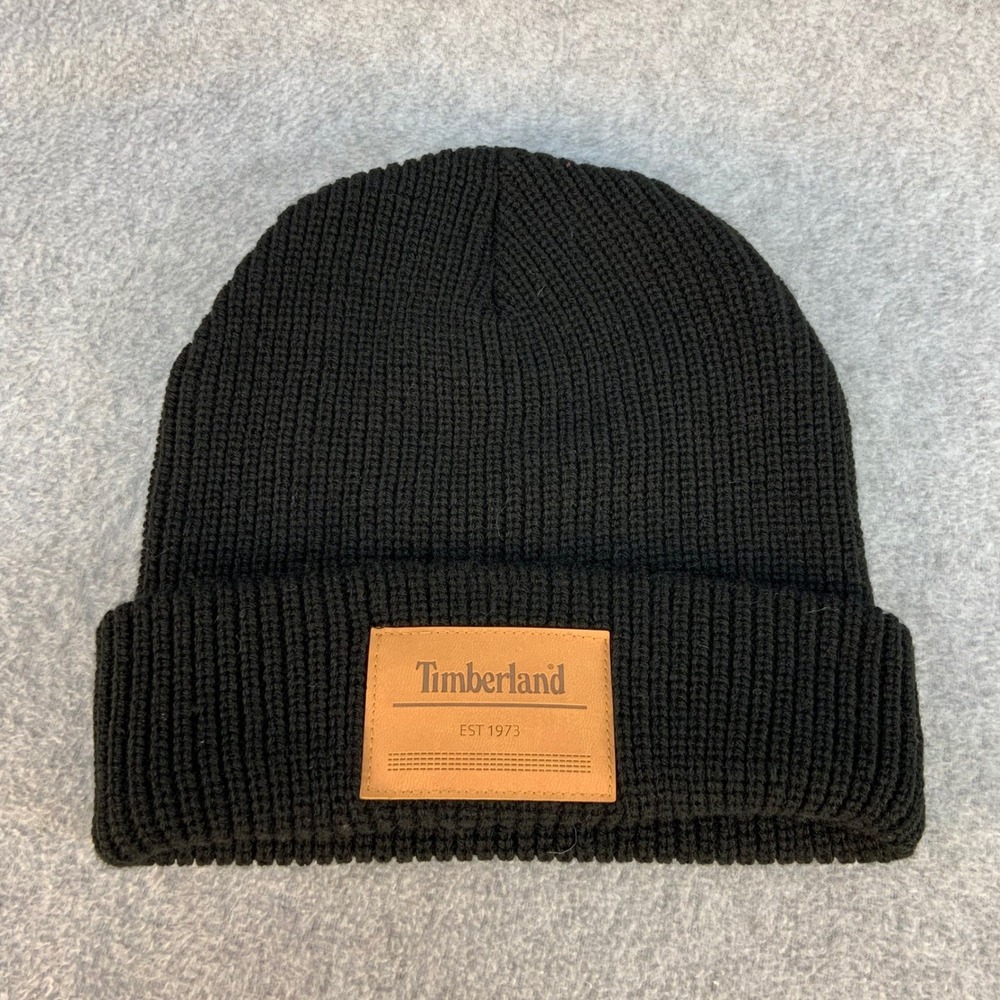 Leather Logo Patch Mens Black Timberland Beanie Ribbed Knit Cuffed OSFM